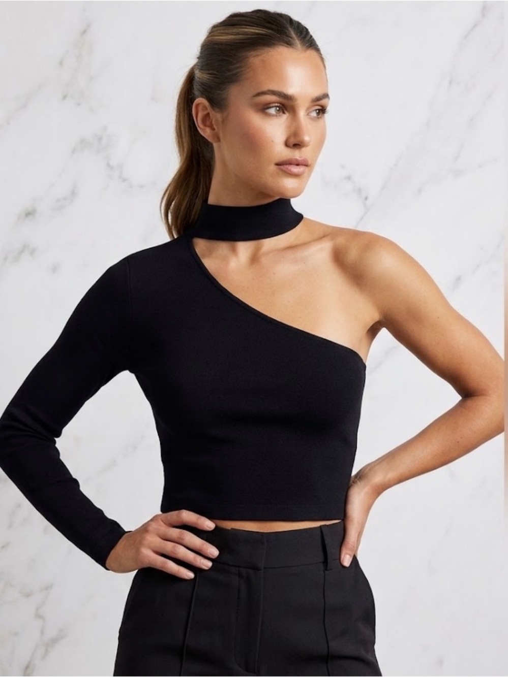 RevolveCotton Citizen, One-Shoulder/one sleeve  Black Crop Top, stand-up neck,XS